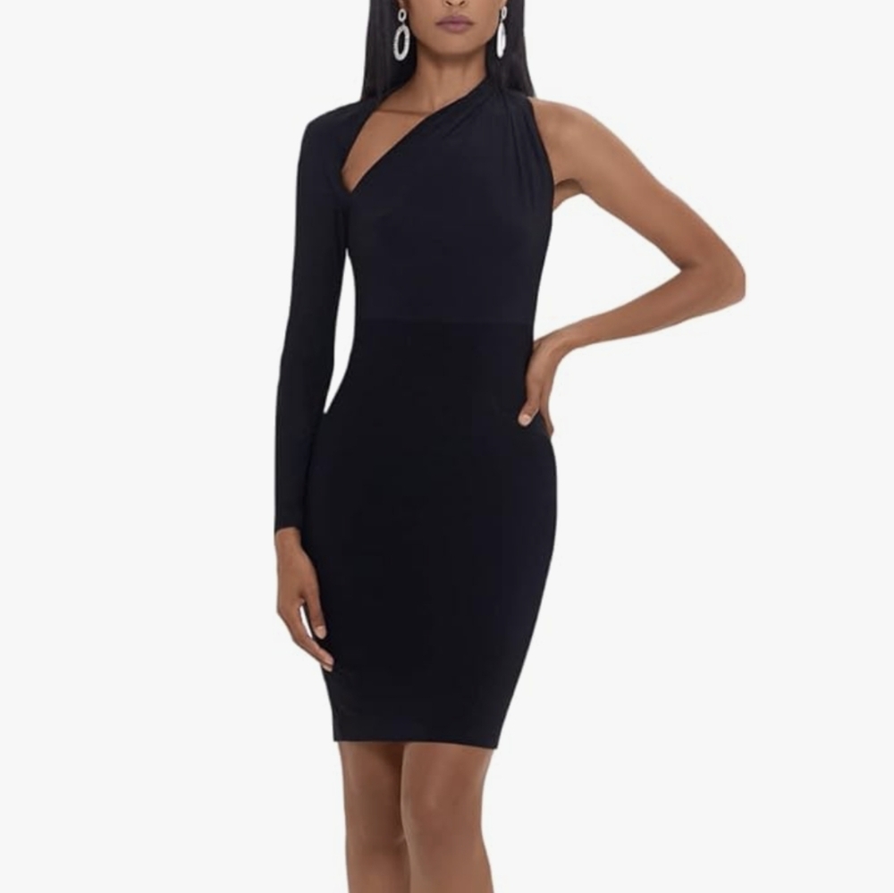 Betsy & Adam Asymmetrical Single Sleeve Dress with Side Slit